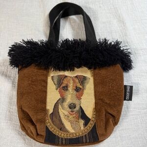 Dixie Bags Jack Russell Terrier Dog Tapestry Purse Brown Faux Suede‎ Fringe Tote